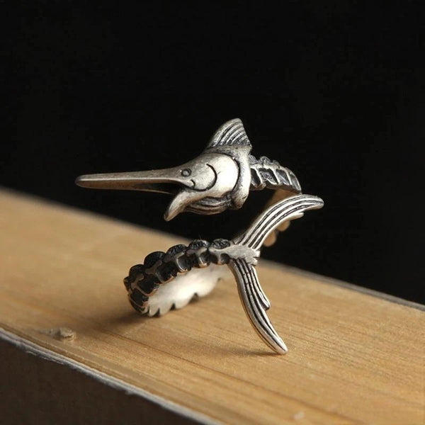 Anillo abierto con diseño retro de hombre y mujer, con personalidad gótica, hombre viejo y pez marlín marino.