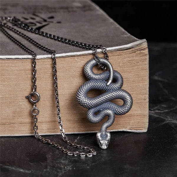 Collar vintage con colgante de serpiente en plata de ley 925 para hombre y mujer.