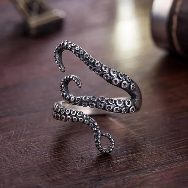 Anillo vintage único de plata de ley 925 con tentáculos de pulpo para hombre y mujer.