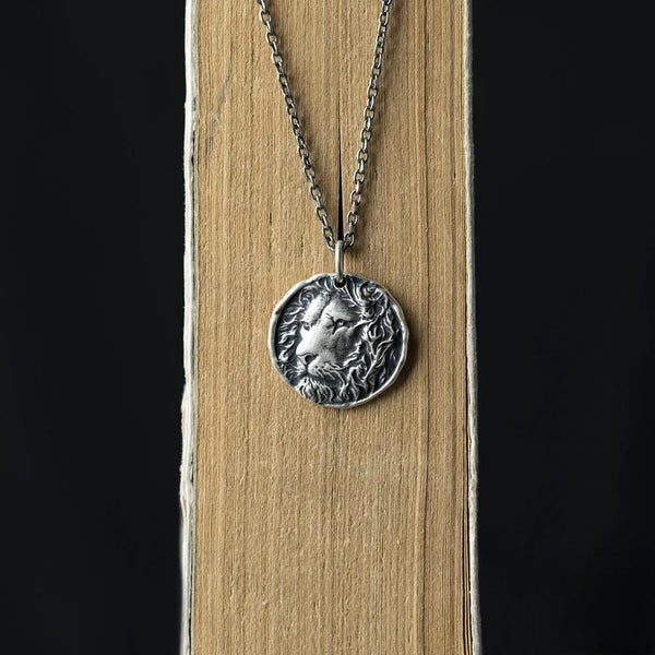 Collar con colgante de moneda y cabeza de león estilo punk, 100 % plata de ley 925, estilo retro creativo