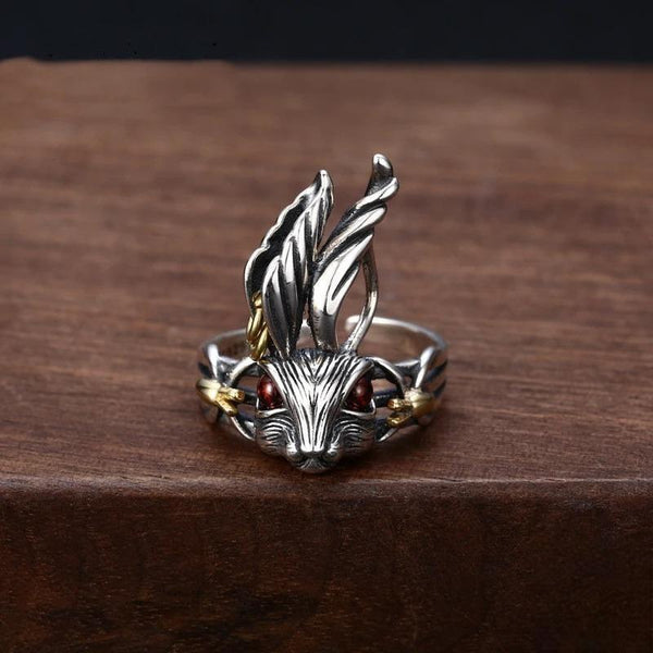 Anillo vintage de conejo con orejas grandes y ojos rojos en plata de ley 925 para hombre y mujer.