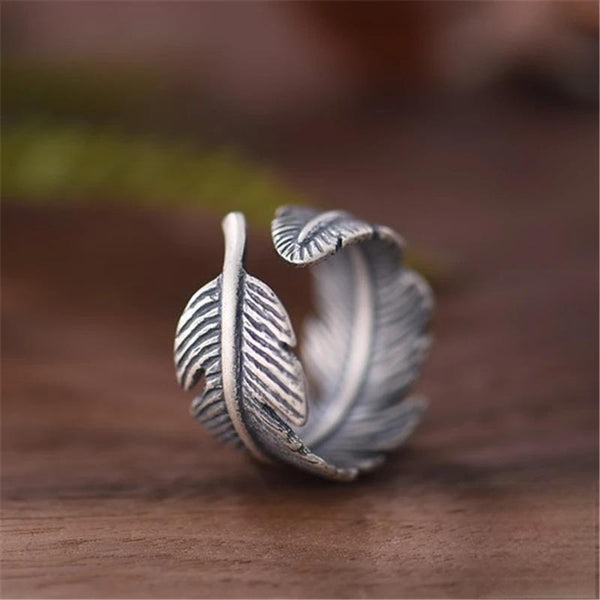 Anillo de apertura con plumas, joyería retro auténtica de plata de ley 925, hipoalergénico y con personalidad.
