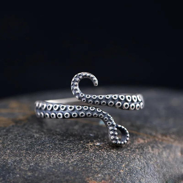 Anillo punk vintage único de plata de ley 925 con tentáculos de garra de pulpo para hombres y mujeres