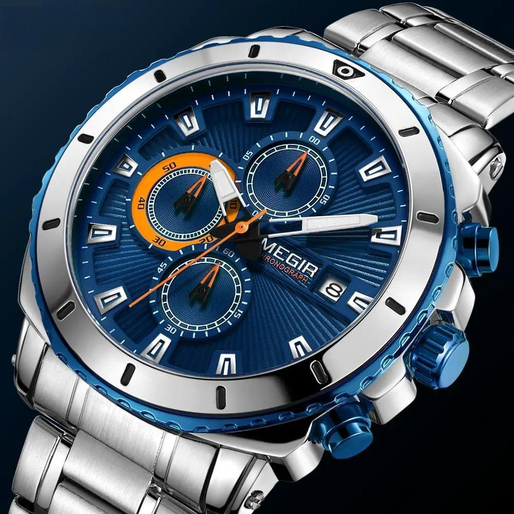 Men's Blue Dial Chronograph Quartz Watches Fashion Stainless Steel Analogue Wristwatches for Man