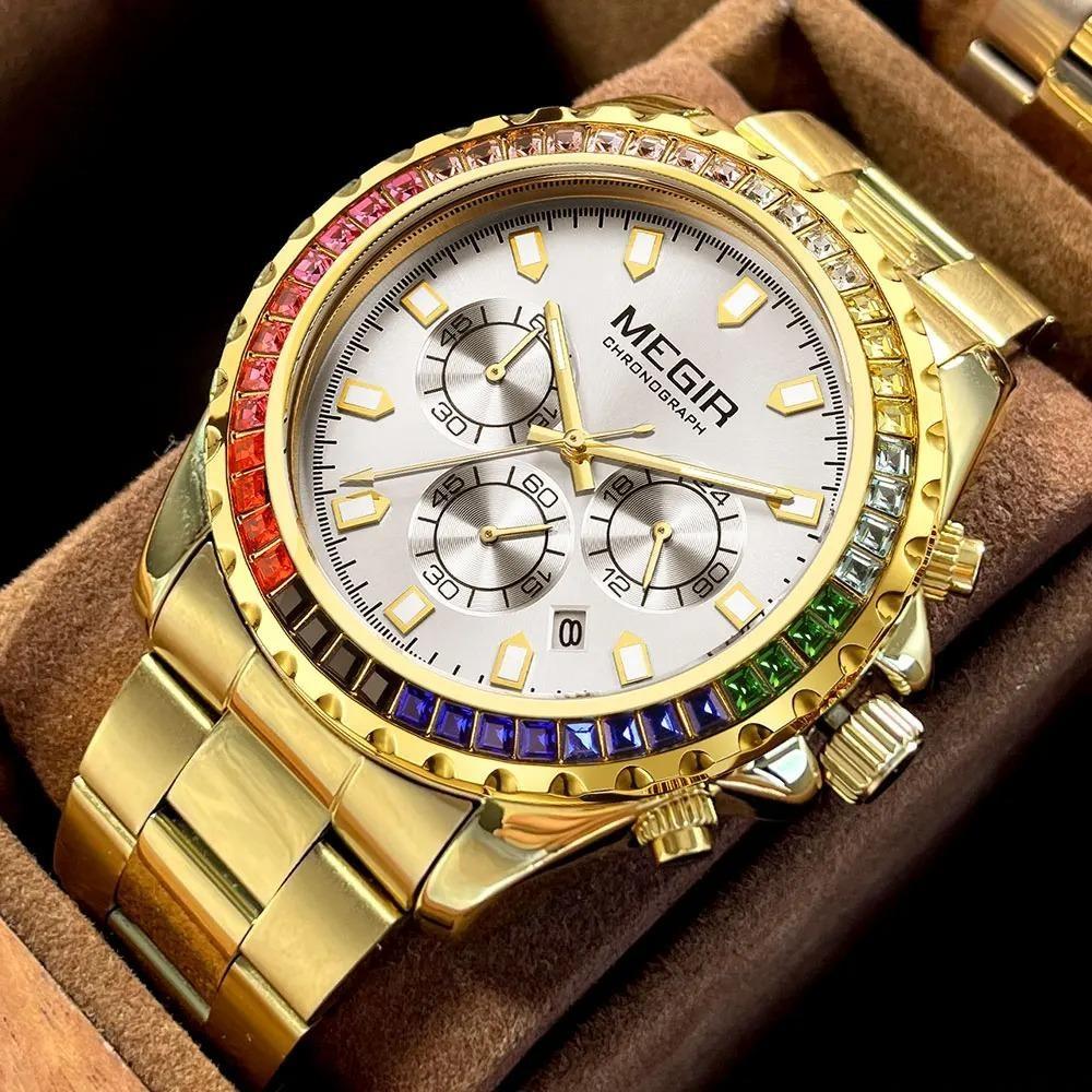 Gold Stainless Steel Strap Quartz Watch for Men Fashion Luxury Analog Chronograph Wristwatch