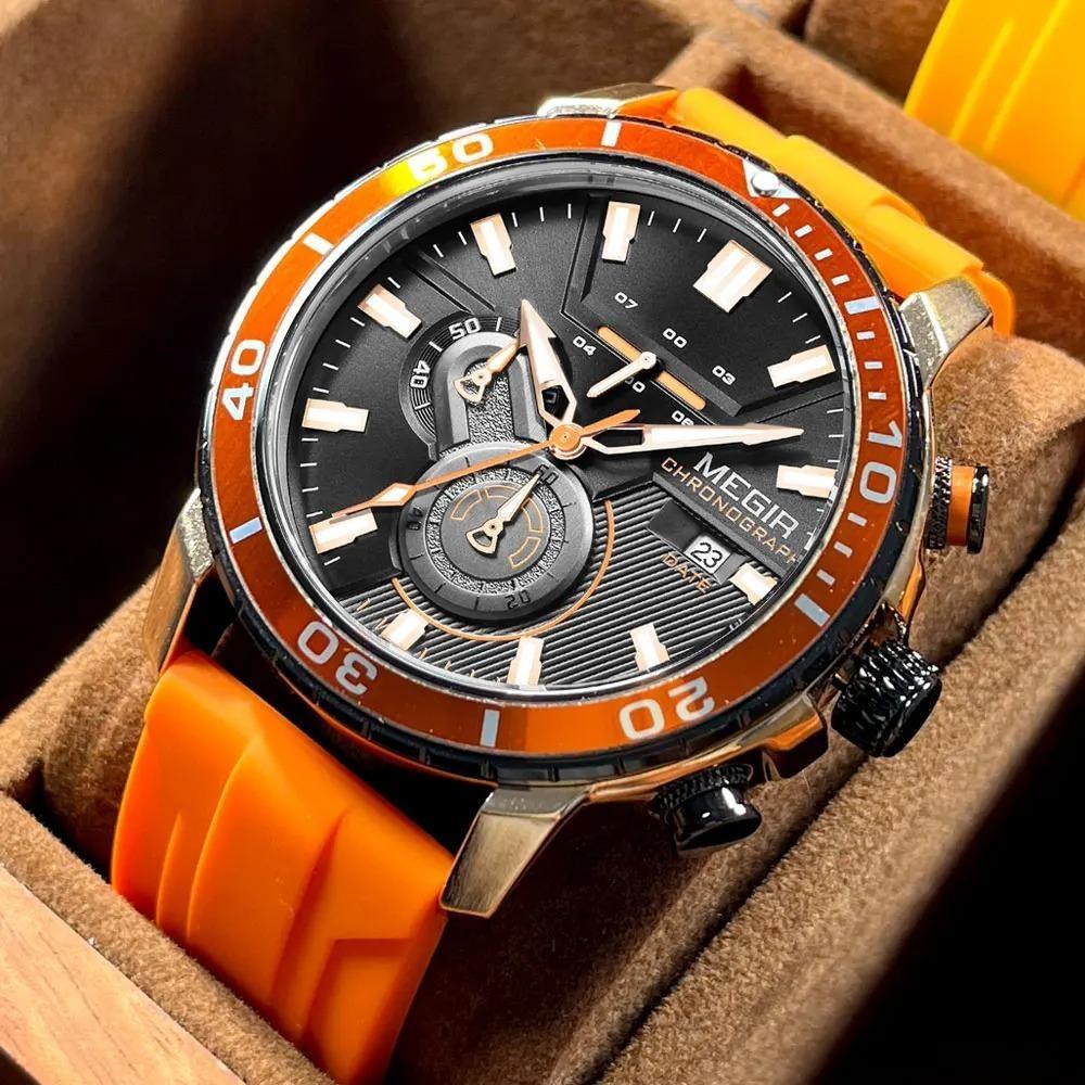 Orange Sport Watch for Men Fashion Waterproof Silicone Strap Chronograph Quartz Wristwatch