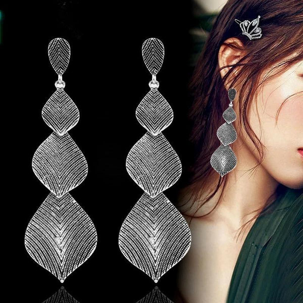Pendientes colgantes de hoja larga vintage de color plata antigua para mujer