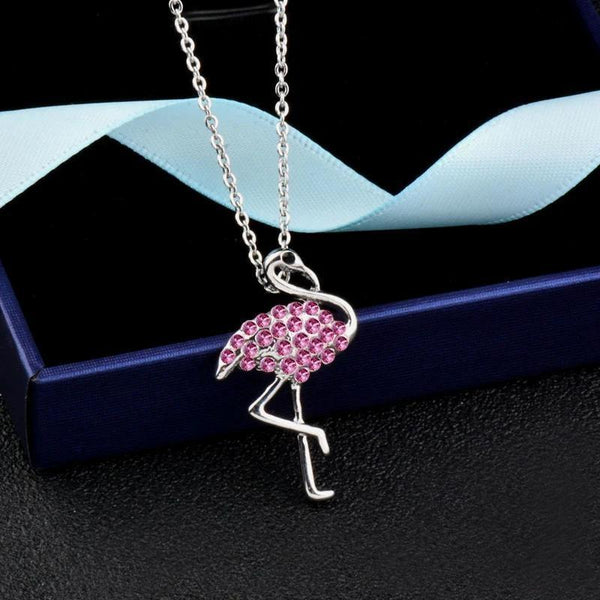 Silver Color Cute Pink Rhinestone Flamingo Stainless steel Pendant Necklace