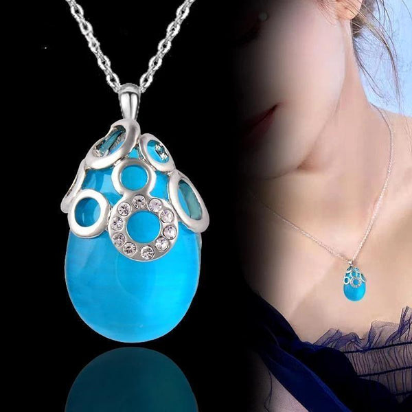 Collar con colgante de gota de agua de piedra de ópalo rosa, azul y blanco vintage para mujer