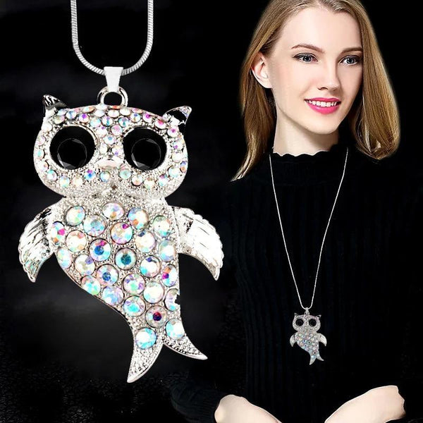 shiny stones owl pendant long necklace for women