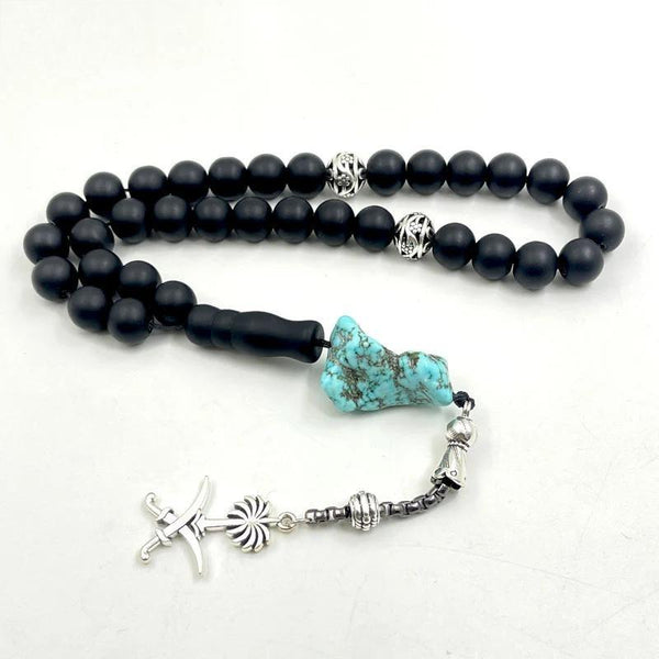 Pulsera de cuentas de oración de metal turco de moda con borlas de piedra de ónix natural mate negro Tasbih
