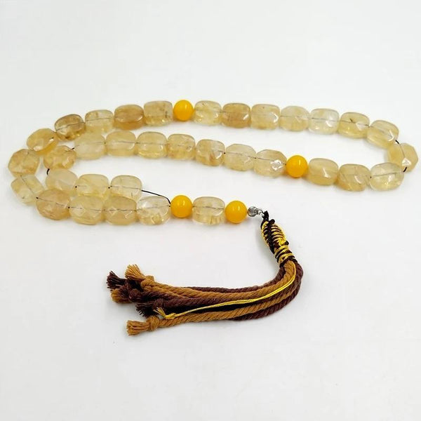 Pulsera islámica Tasbih con piedra citrina y resina amarilla, misbaha islámica, 33 cuentas de rosario de piedras preciosas.
