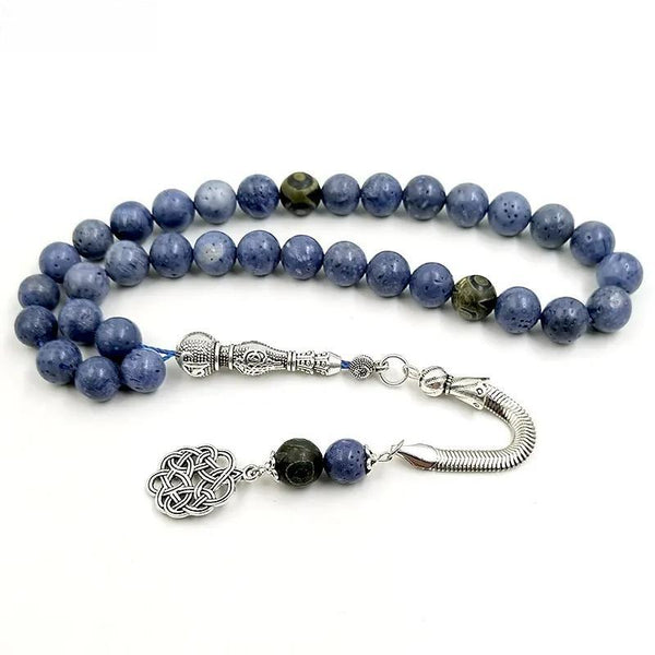 Rosario musulmán Tasbih de coral azul natural con ágata de ojo verde, regalo de Ramadán Eid de 33 piezas