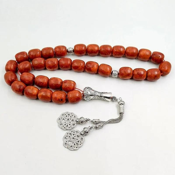 Pulsera de cuentas de oración con piedras preciosas Tasbih de gran tamaño, coral rojo natural, colección musulmana, regalo