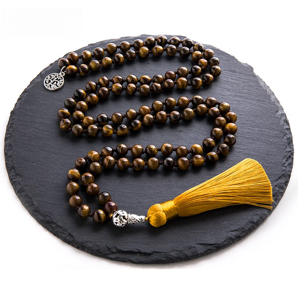 Collar Mala anudado de ojo de tigre amarillo natural de 8 mm para meditación, yoga y energía.