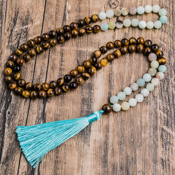 Juego de collar mala 108 con cuentas de ojo de tigre amarillo de amazonita de 8 mm para meditación, yoga y oración.