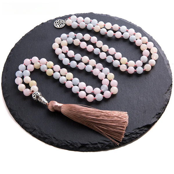 Collar Mala 108 con cuentas de morganita de 8 mm, anudado, para meditación, yoga, bendición tibetana, para mujeres afortunadas.