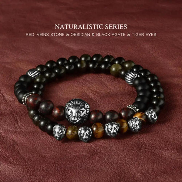 Pulsera de león multicapa de piedra natural elástica, pulsera de acero inoxidable con cuentas de animales para hombre
