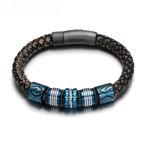 Pulsera de cuero genuino de vaca texturizado retro para hombre, acero inoxidable 316L, cuentas azules CNC