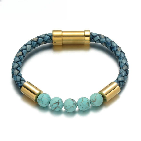 Pulsera de cuero trenzado retro con vetas azules de piedra natural para hombre de la serie Sea