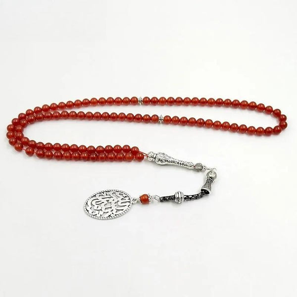 Pulsera musulmana de bolsillo con cuentas de oración de ágata roja natural Tasbih de 6 mm y 99 cuentas