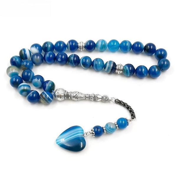 Tasbih para hombre, cuentas de oración musulmanas de ágata azul natural, 33 cuentas