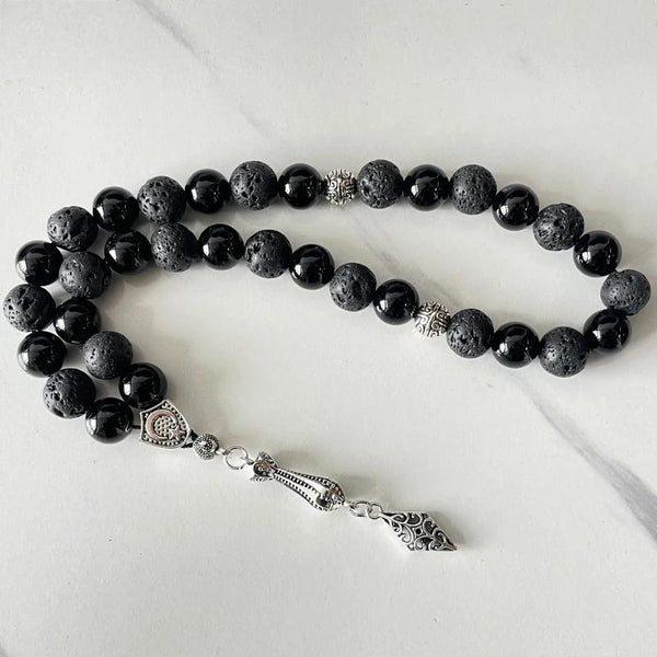 Pulsera de cuentas de oración musulmana estilo turco con tasbih de piedra de lava y ágata negra para hombre, regalo para Ramadán y Eid.