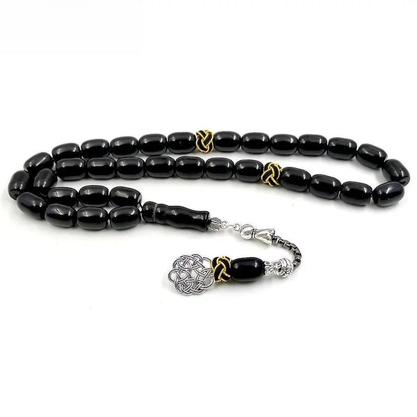 Pulsera Tasbih de piedra de ágata negra natural con forma de barril, hecha a mano, misbaha de Trabizon, regalo musulmán ADHA