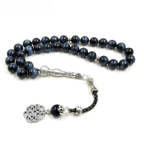 Cuentas de oración con ojo de tigre azul lago natural, tasbih, borla plateada metálica, accesorios musulmanes Misbaha, pulsera