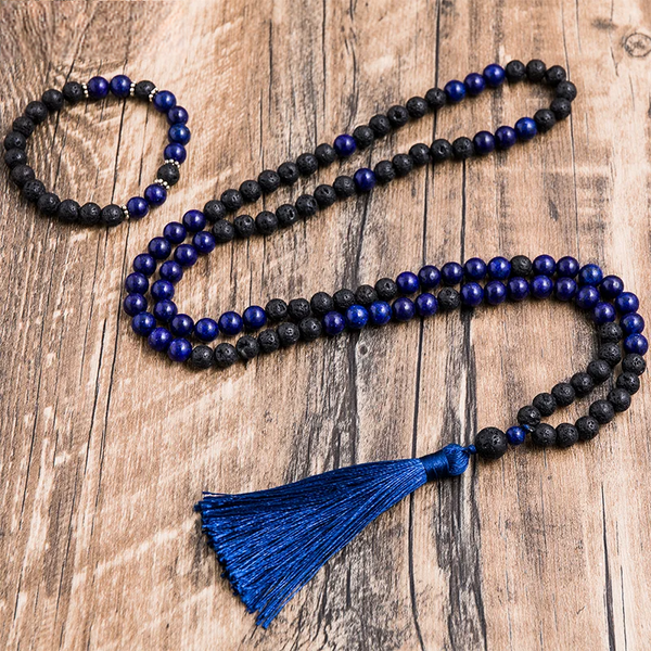 Collar de cuentas de lapislázuli de piedra volcánica negra de 8 mm para meditación