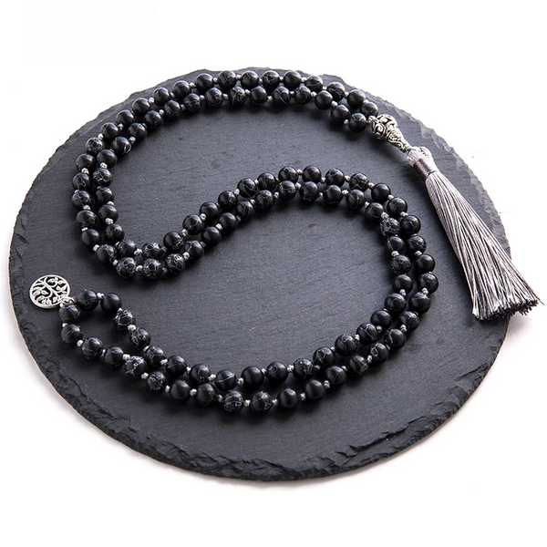 Collar de cuentas de howlita negra de 8 mm, 108 mala anudada, meditación, yoga, bendición, japamala, rosario