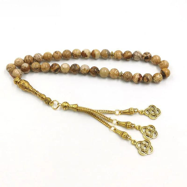 Rosario islámico de piedra de jaspe natural, accesorios dorados, 3 cadenas, borla, cuentas de oración musulmanas, regalo