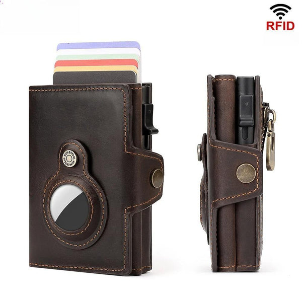 Cartera inteligente de aluminio con imán antiescaneo y tarjetero de cuero genuino con apertura automática.