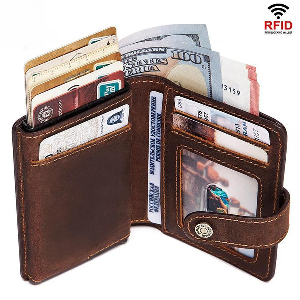 Cartera de cuero Crazy Horse para hombre con tarjetero con bloqueo RFID, minicarteras metálicas desplegables