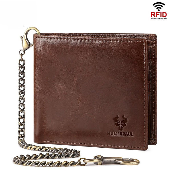 Cartera de cuero genuino para hombre, cartera corta de negocios con protección RFID, tarjetero, cartera de mano para mujer