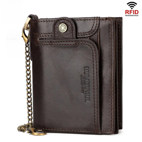 Cartera corta multifunción de cuero genuino para hombre con tarjetero para identificación y crédito