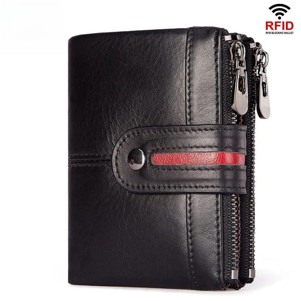 Cartera informal de cuero genuino para hombre con bloqueo RFID, tarjetero y bolsillo para monedas con cremallera