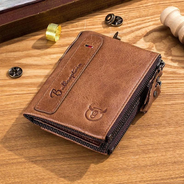 Cartera de cuero retro para hombre, billetera corta con cremallera y hebilla, tarjetero, monedero, billetera RFID