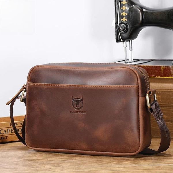 Bolso bandolera de piel Crazy Horse para hombre, de gran capacidad y un solo hombro.