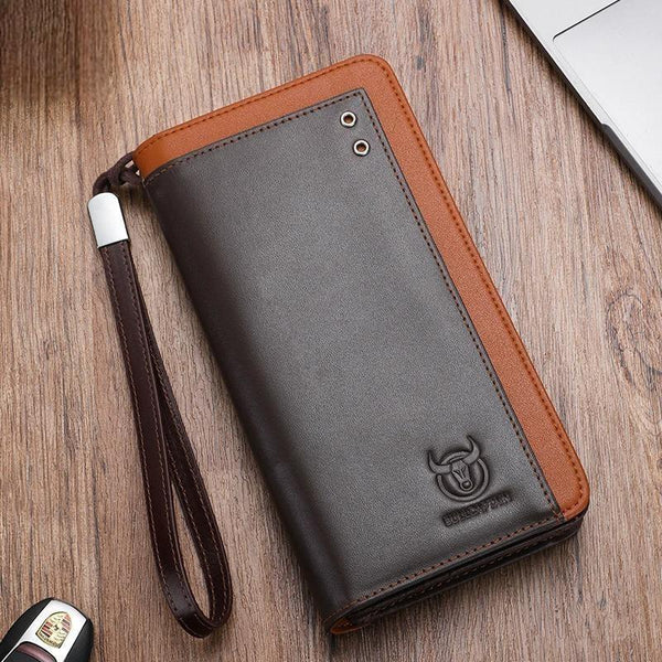 Cartera de cuero genuino para hombre con bloqueo RFID, monedero largo, funda para pasaporte