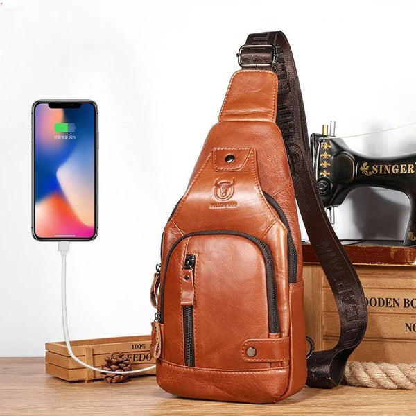 Bolso bandolera de cuero para hombre con bolsillo en el pecho y carga USB