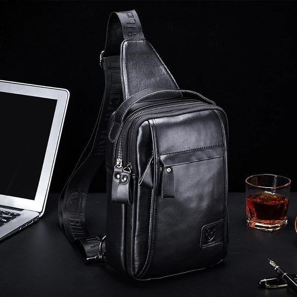 Bolso de pecho multifunción de cuero genuino para hombre, con capacidad para un iPad de 7,9 pulgadas.