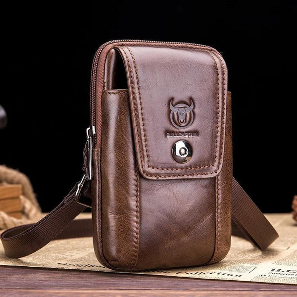 Riñonera de piel auténtica para hombre, bolso para teléfono móvil, riñonera