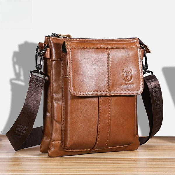 Bolso bandolera de piel auténtica para hombre, de gran capacidad, multifuncional, con capa superior de piel de vaca.