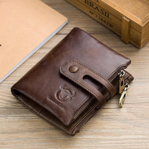 Cartera de cuero genuino RFID para hombre, tarjetero de crédito, billetera de cuero de vaca con doble cremallera