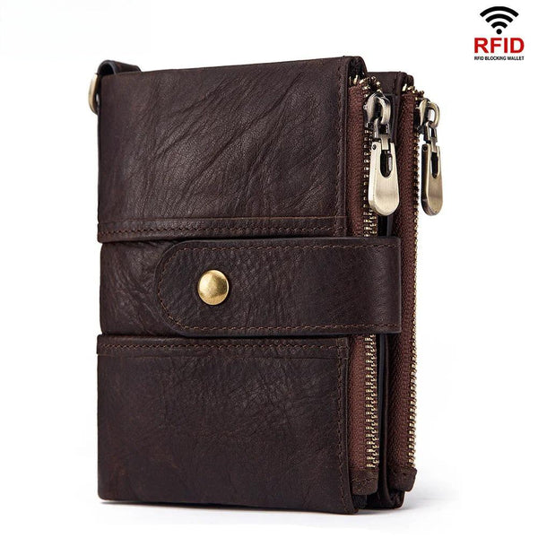 Cartera de cuero genuino RFID para hombre, monedero corto Crazy Horse