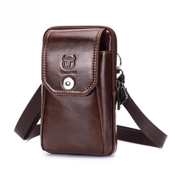 Riñoneras de cuero genuino para hombre, bolsos tipo bolsa para teléfono, riñonera