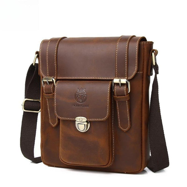 Bolso bandolera vintage de piel auténtica Crazy Horse para hombre, color marrón