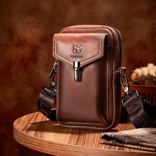 Riñonera de cuero Crazy Horse para hombre, multifuncional, para teléfono móvil de 7 pulgadas