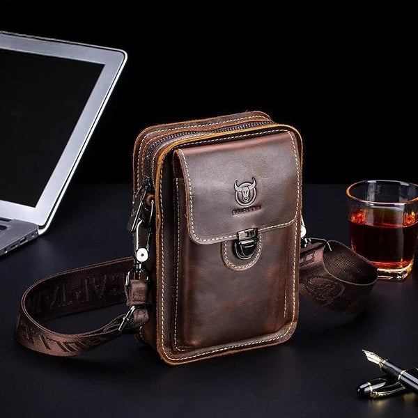 Riñonera de cuero Crazy Horse para hombre, bolsa para teléfono, bolso de cintura